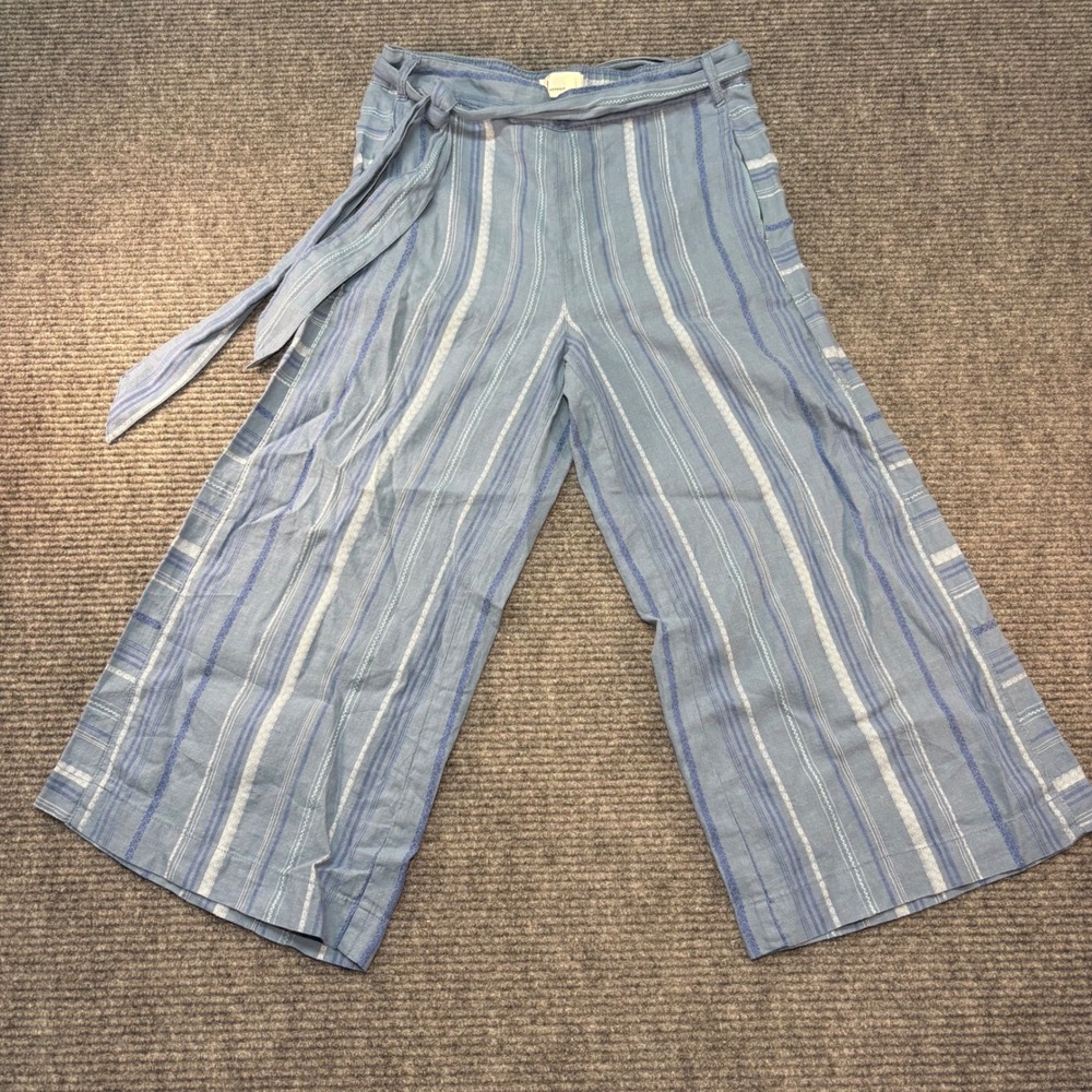 Anthropologie Blue Striped Linen Blend Wide Leg Crop Pants Tie Waist‎ Womens S